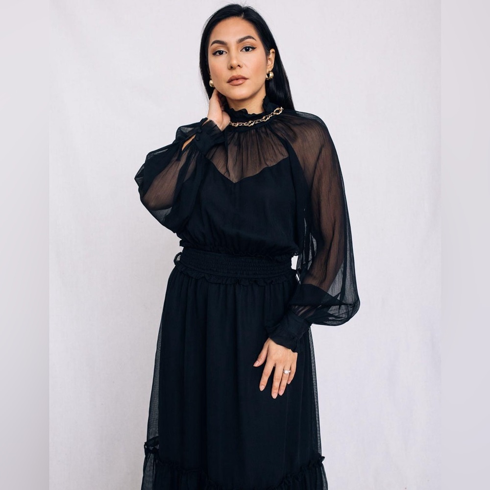 New Sheer Sleeves
Mock Neck Midi Dress